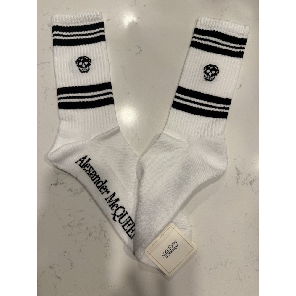 Alexander McQueen Men's Skull Stripe Sport Crew Socks White Black Italy L NWT